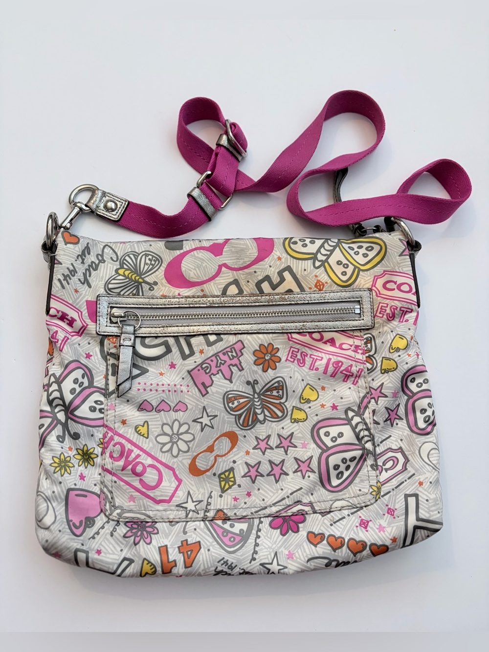 Coach Poppy Bandana Butterfly Graffiti Purse Satchel Silver Pink Multi-Color